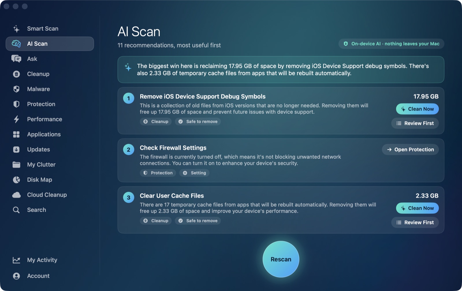 AI Scan results with ranked recommendations