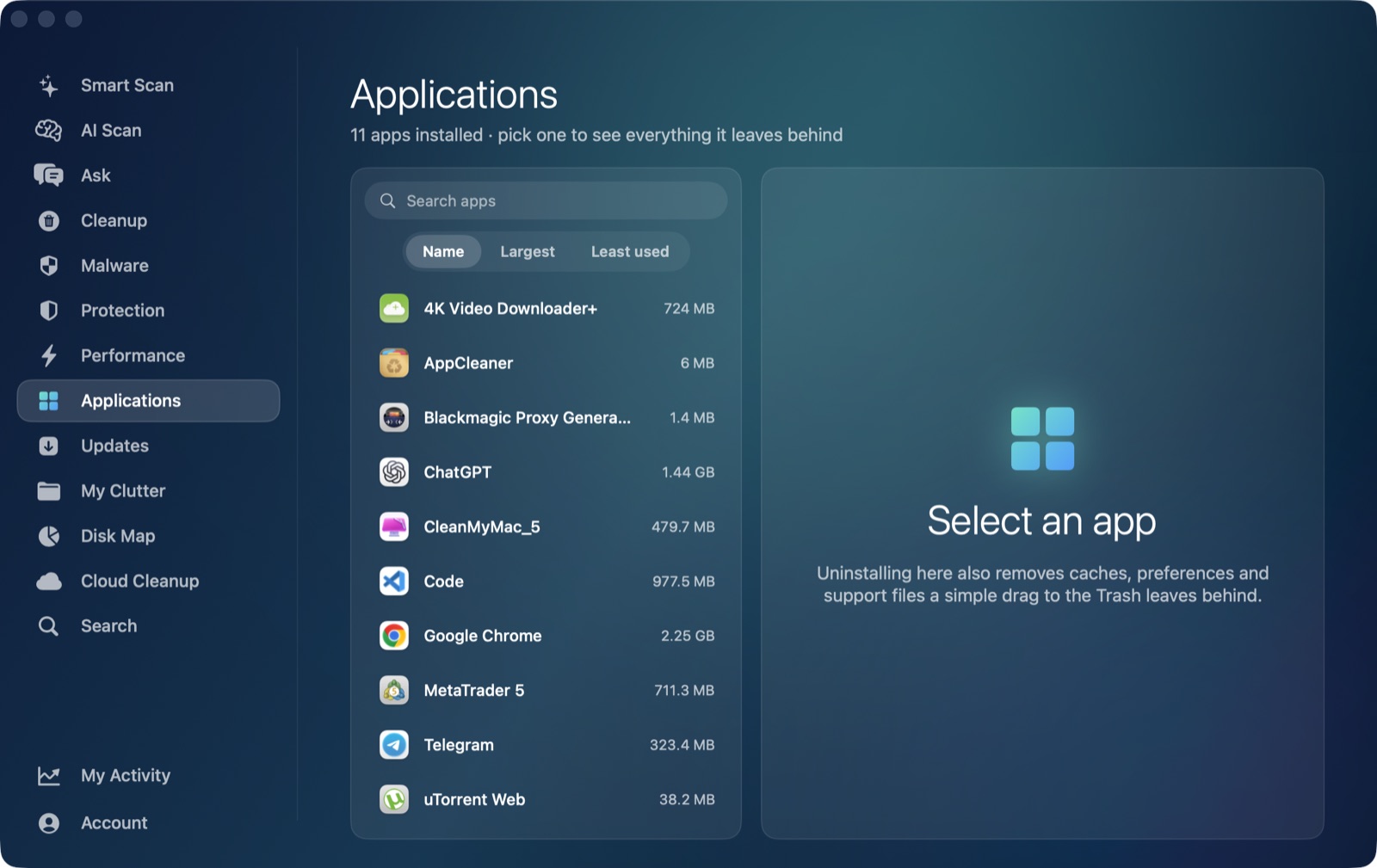 Applications uninstaller listing an app and its leftover files