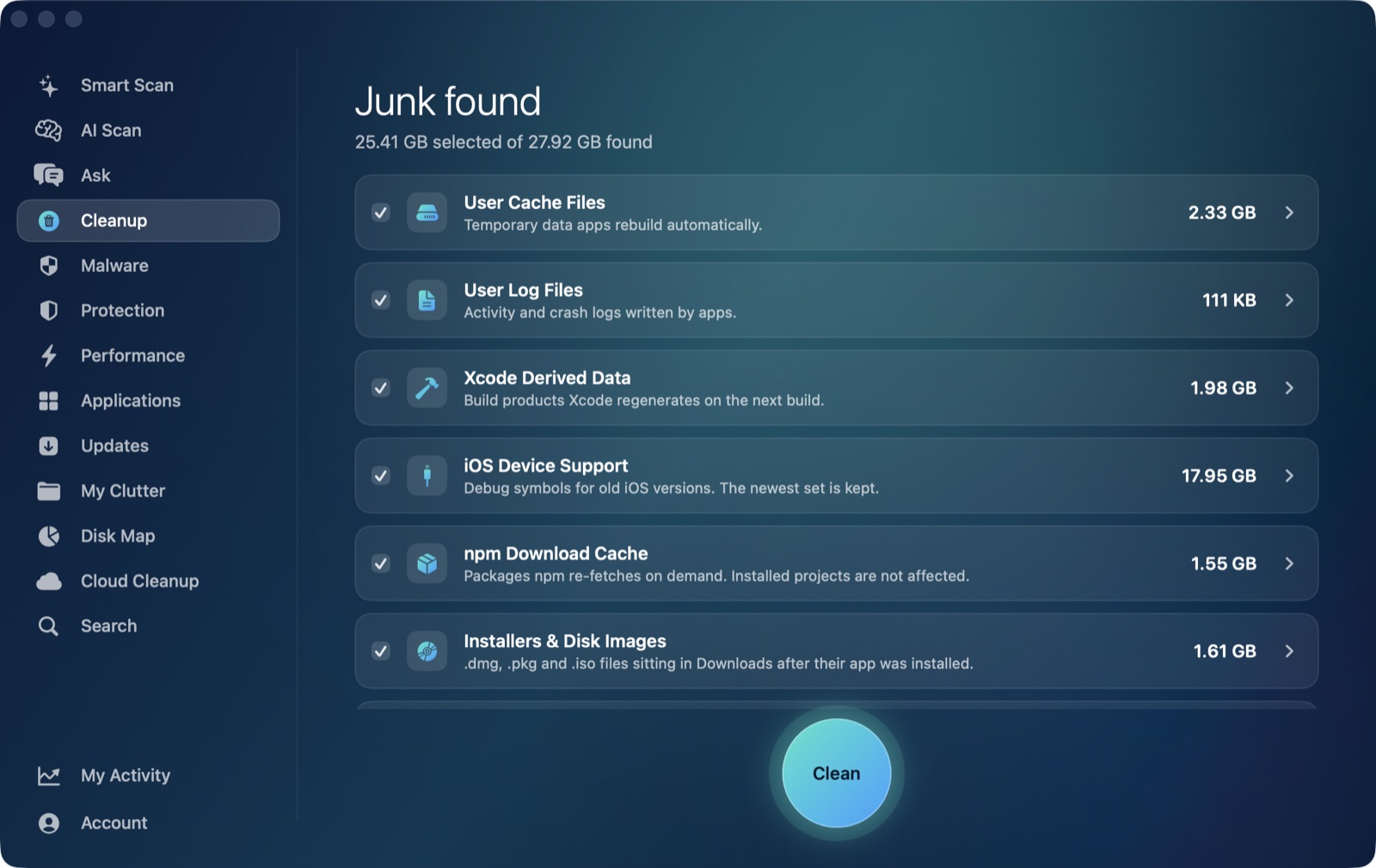 Cleanup results listing junk categories with sizes