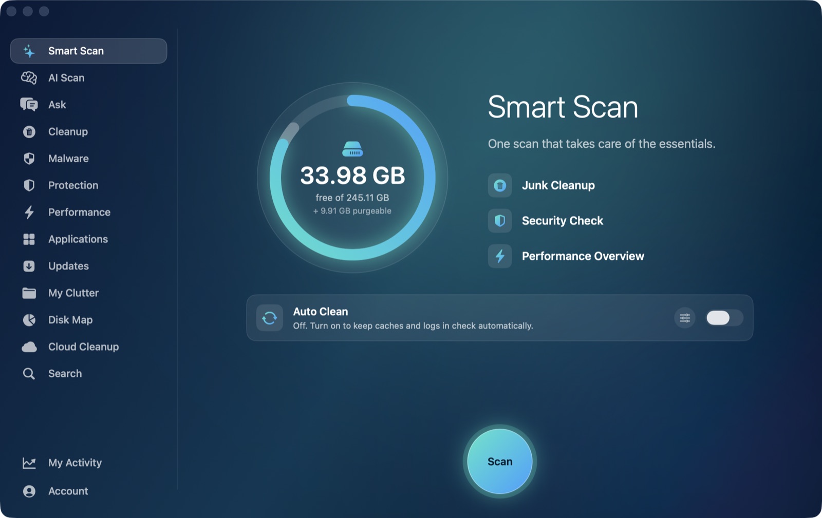 AI Mac Cleaner Smart Scan screen showing free disk space and the scan button