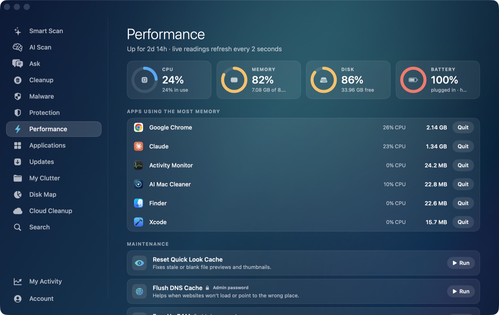 Performance screen with live gauges and heavy apps